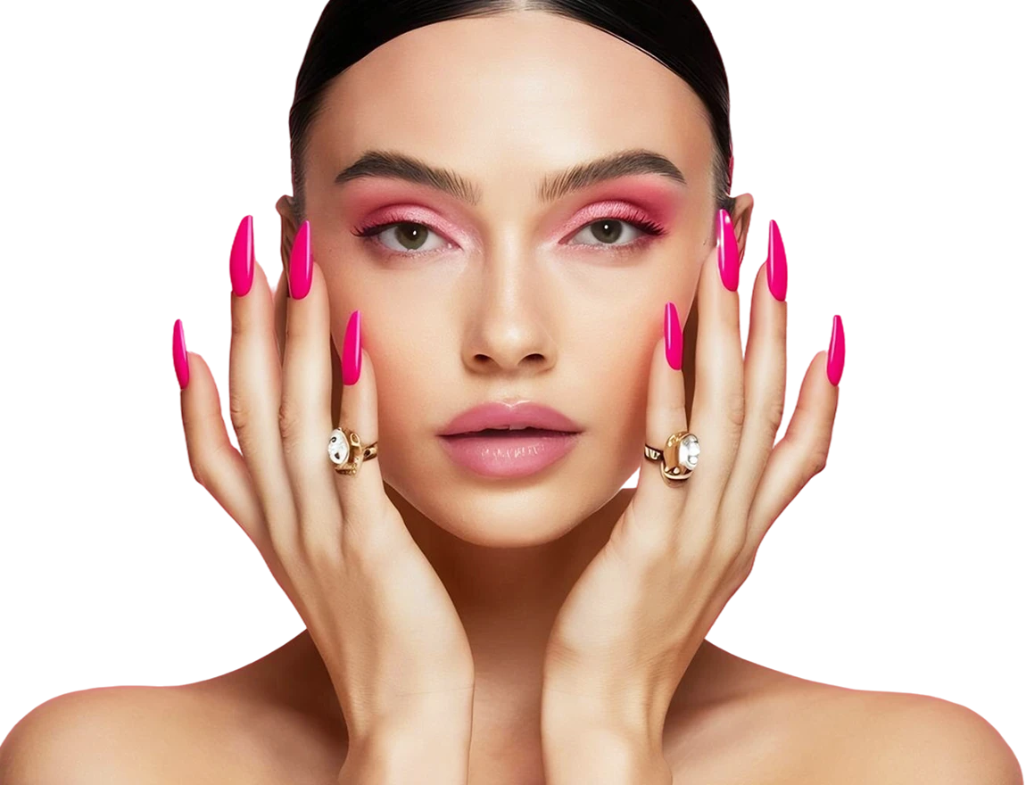 Blue pink manicure long nail shape with rhinestones